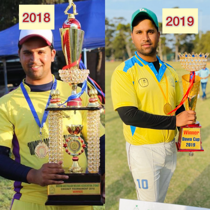 Sydney Chargers players holding the 2018 and 2019 tournament winner trophies